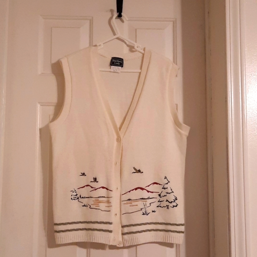 Vintage knitted vest sz med southern lady geese and tree scene
